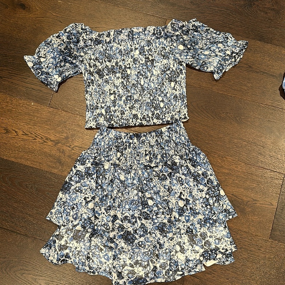 Blue Ruched Water Droplet Express Ruffle Skirt and Off the Shoulder Top Set